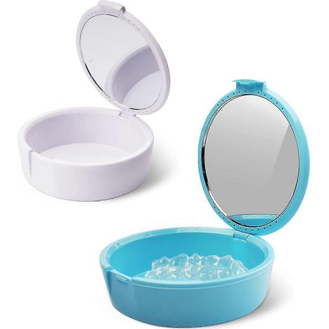 Boîte de rangement partielle pour prothèses dentaires et instruments dentaires, avec miroir (bleu + blanc) (1/5)