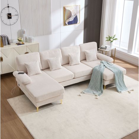 Canapé en U 265/135/88 cm beige en velours avec LED et port USB, assise profonde et confort ergonomique (1/5)