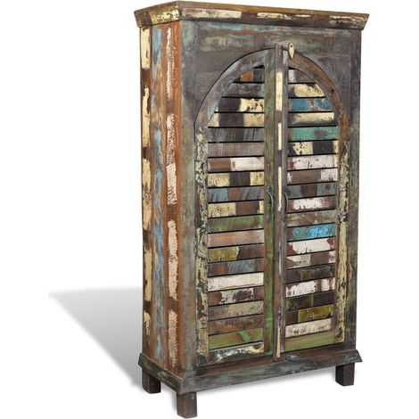 Bibliothèque en bois de récupération multicolore, avec 3 étagères et 2 portes