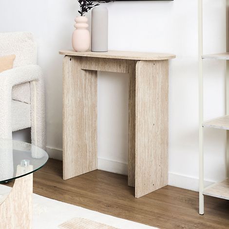 The Home Deco Factory – Console minimaliste effet pierre travertin – Blanc et beige – Surface idéale pour objets décoratifs – Design sculptural moderne