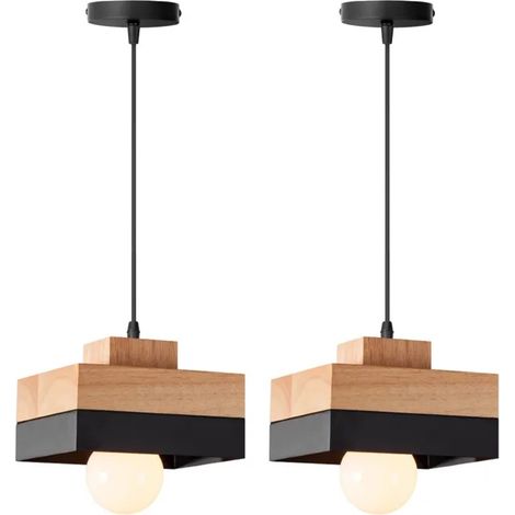 2pcs Suspension Luminaire Moderne,18cm Vintage Lustre Industriel Abat-jour en Bois E27 Lampe de Plafond Reglable,Noir (1/5)