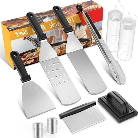 Spatule Plancha Accessoires Set , Spatule pour Barbecue Acier Inoxydable Accessoire Plancha Kit Plancha pour Teppanyaki , Ustensile de barbecue(10PCS) (1/5)