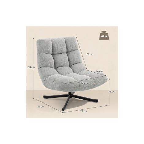 Fauteuil lounge pivotant gris clair à assise large avec revêtement aspect chenille déperlant et pieds croisés en acier pour salon (1/5)