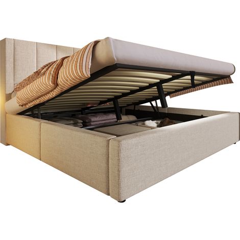 CHICFURN Lit rembourré 160x200 cm avec coffre de rangement hydraulique, sommier à lattes, tête de lit pliable avec porte-gobelets cachés et station de charge USB-C, beige (1/5)