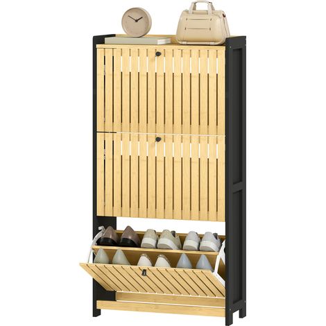 Schuhschrank für 18 Paar Schuhe, 3 Klappschubladen, Lamellentüren aus Bambus, 60 x 24 x 118 cm, schwarz-naturfarbenes Holz