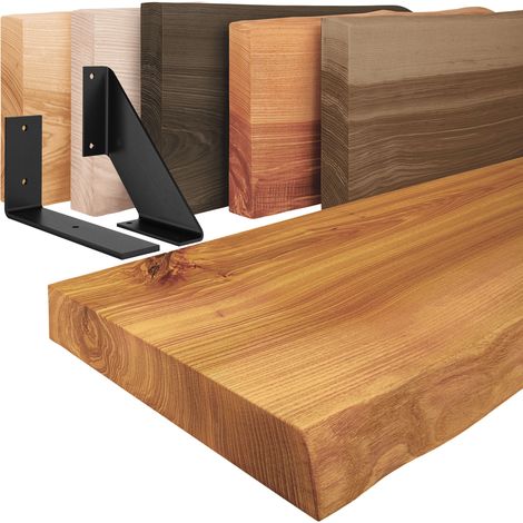 LAMO Manufaktur Wandregal Holz Baumkante, Holzregal Basic, Rustikal / Schwarz 40cm, LW-01-A-003-40LS