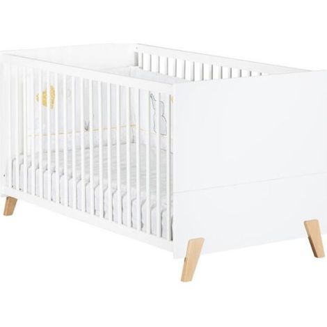 Lit évolutif - 140x70cm - Babyprice Joy Naturel - Blanc sur pieds en bois naturel (1/5)