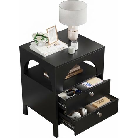 ELVMI Mesita de noche con 2 cajones y 1 compartimento abierto, de MDF negro, para dormitorio, salón y recibidor, 45 x 40 x 58 cm (1/5)