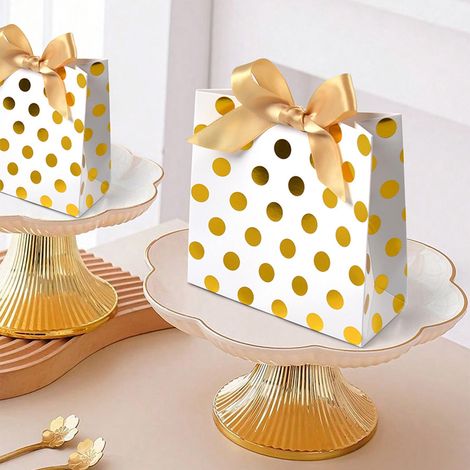 Sac Cadeau Mini - Papier Doré À Points Métalliques - 14x14x6 cm - Pour Fêtes Mariages Noël Anniversaires - Lot De 10