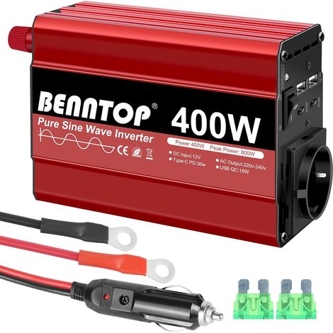 400W/800W Convertisseur 12V 230V Pure Sinus Voiture Onduleur Transformateur avec 4 USB Port Type - A/C, 1 Prise EU Recharger Votre Ordinateur Portable et Plus (1/5)