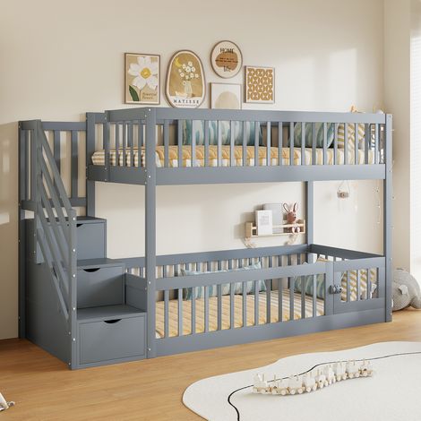 Litera infantil 90x200 cm de madera gris con cajones, ahorra espacio, sin colchón – MEUBLIV (1/5)