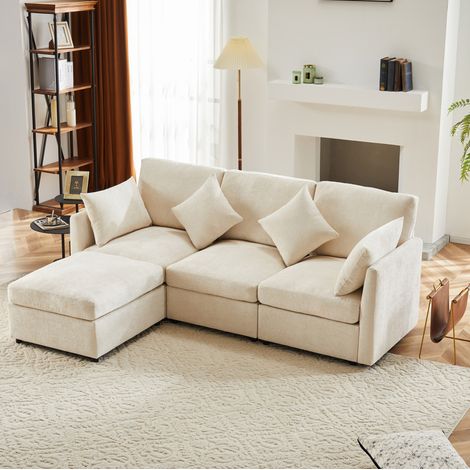 Modulares Ecksofa, in 3-Sitzer umwandelbar, mit mobilem Pouf und 4 Kissen, Beige HAVRYA (1/5)