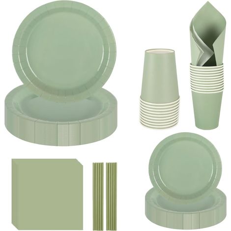 Lot de 250 Assiettes en Carton et Serviettes de Table - 22,9 cm et 17,8 cm, Gobelets, Pailles pour 50 Invités - Vert Sauge (1/5)