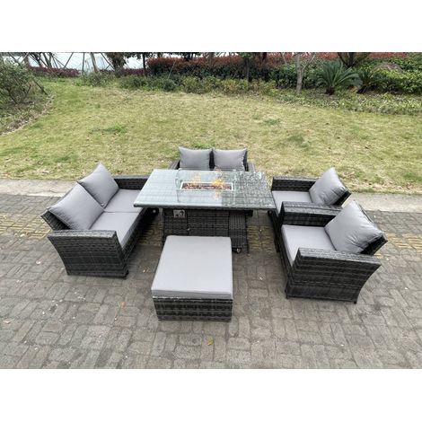 Fimous Rattan Outdoor Furniture Gas Fire Pit Rectangle Dining Table Gas Heater Chairs Two Seater Love Sofa Sets Big Footstools 7 Seater (1/5)
