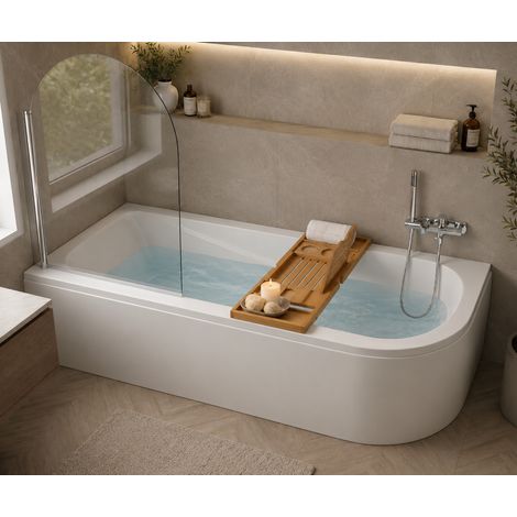 Baignoire d'angle asymétrique gauche 160 x 75 cm - blanc - tablier, pieds, vidage chrome, pare - baignoire, plateau bambou - OASIS (1/5)