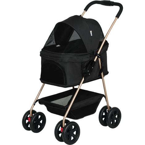 Passeggino per Cani 3 in 1 Pieghevole Nero con Borsa Trasportino e Cestino Inferiore