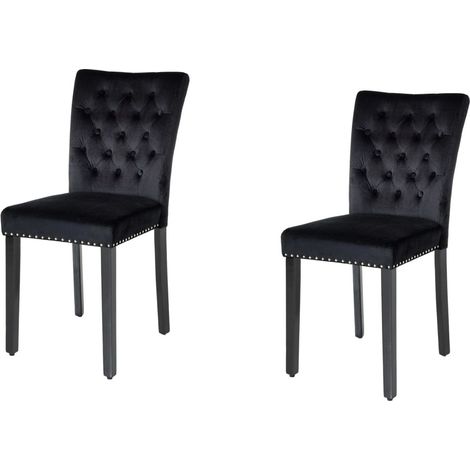 Lote de 2 sillas Chesterfield REGINA negras de terciopelo capitoné – Clavos plateados y patas de madera de hevea (1/5)