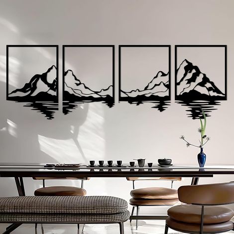 4 pièces d'art mural de montagne en métal, décoration murale de grandes montagnes, peinture décorative de forêt de montagne, adaptée pour salon, chambre, bureau, intérieurs et (1/5)