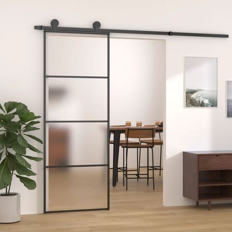Porte coulissante,Porte glissante pour l'Intérieure Verre ESG dépoli et aluminium 76x205 cm Noir VDVM235841 (1/5)