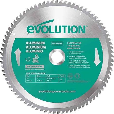 Evolution 255mm Aluminium Cutting 80 Tooth Tungsten Carbide Tipped Mitre Saw Blade