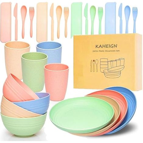 28 pièces vaisselle plastique, 4 sets assiettes incassables légères, tasses, bols et couverts, écologique et réutilisable, compatible micro-ondes et lave-vaisselle, bol pour enfants ou pique-nique