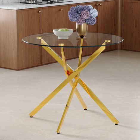 Table manger ronde 88 cm verre trempé doré OKMYHOME (1/5)