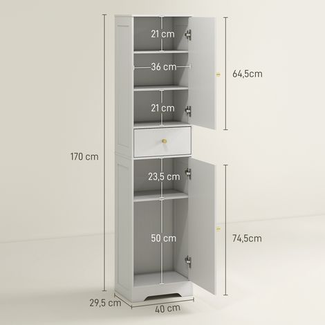 Hoher, schmaler Badezimmerschrank mit 2 Bogentüren, Schublade und verstellbaren Einlegeböden, modern, 40 x 29,5 x 170 cm, weiße Holzmaserung (1/5)