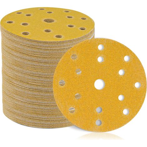 50 pièces Disque de Ponçage 150mm Disque Abrasif P60 P80 P120 P180 P400 Grains 15 trous Idéal pour Poncer/Polir/Dérouiller Excentrique ronde (1/5)