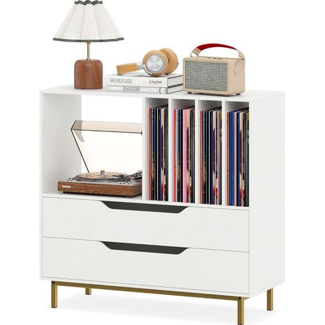 Meuble tourne-disque blanc rétro en bois avec 4 compartiments vinyle et 2 tiroirs et structure métallique pour salon et chambre (1/5)