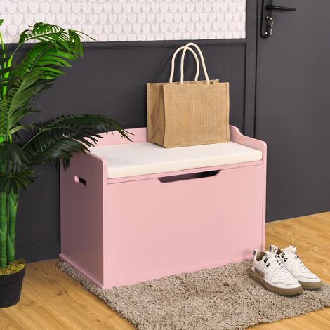 Coffre à Jouets Coffre de Rangement à Couvercle Relevable Banc avec Coffre de Rangement Banc avec 2 Charnières de Sécurité Rose (1/3)