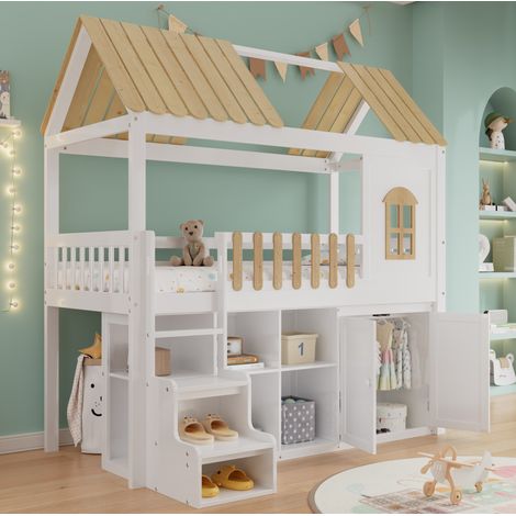 CHICFURN Cama alta infantil 90x200 cm de pino y MDF blanco natural con almacenaje (1/5)
