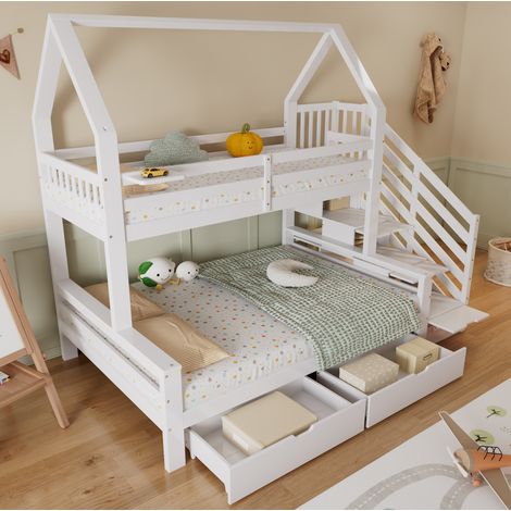 Lit superposé enfant avec toit, escalier de rangement et 2 tiroirs, 90x200/140x200 cm, blanc (1/5)