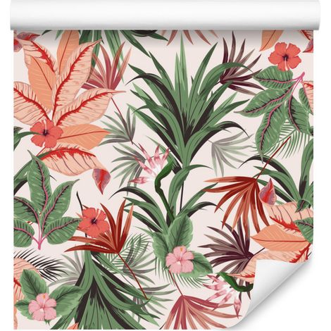 Papel pintado con flores y hojas tropicales exóticas para salón y dormitorio, 50x1000 cm. (1/5)