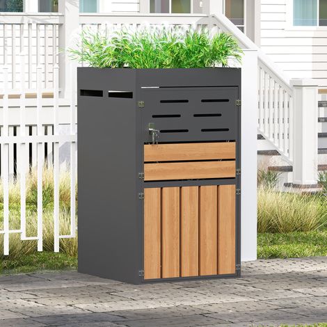 Armoire d’extérieur 66x80x128 cm grise en métal avec bac à plantes, ventilation à lames et portes verrouillables (1/5)