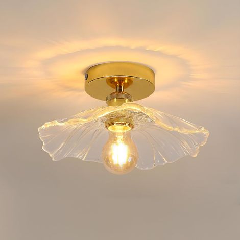Plafoniera da corridoio E27, plafoniera a forma di fiore, piccola plafoniera in vetro trasparente con riflessi dorati, diametro 28 cm, lampadina non inclusa. (1/4)