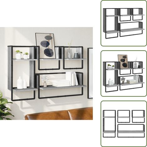 Ensemble d'étagères murales avec barres 4 pcs sonoma gris - Étagères Murales - Étagères Suspendues - Décoration Murale - Rangement Mural - Bibliothèque Murale