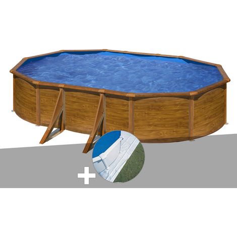 Kit piscine acier aspect bois Gré Pacific ovale 6,34 x 3,99 x 1,22 m + Tapis de sol