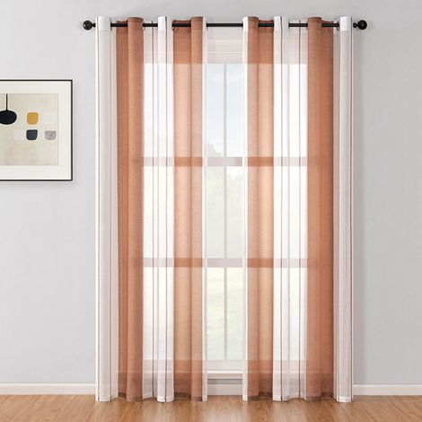 Tende a righe trasparenti con occhielli Tende in voile Soggiorno moderno Set di 2 tende Camera da letto Trasparente con motivo Tenda a righe semitrasparente - Marrone140x145cm (1/5)