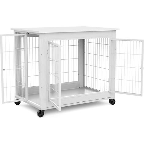 Cage pour chien style meuble, table niche en bois à double porte, niche d’intérieur avec toit ouvrant, sur roulettes pour une mobilité facile, blanc, 805669.5cm (1/5)
