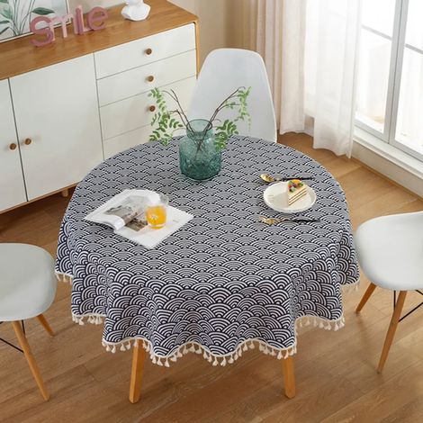 Nappe ronde à pompons de 150 cm, en polyester et coton, pour table à manger, table basse, table de jardin (motif vagues bleues) (1/4)