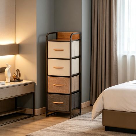 Schmale Kommode 31 x 29 x 99 cm mit 4 Stoffschubladen, Beige und Braun HAVRYA (1/4)