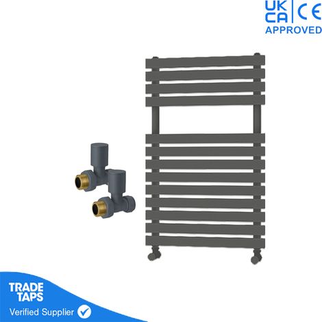 Designer Delta Anthracite Flat Panel Towel Radiator Heated Ladder Rail - 780 x 500mm - Straight Manual Round Valve Pair (1/3)