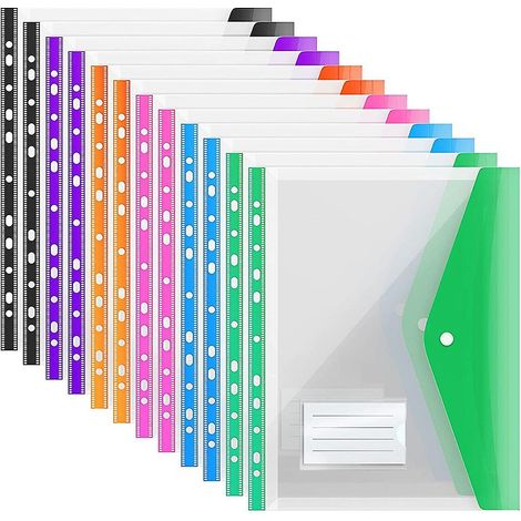 12er-Packung A4-Kunststoffhüllen mit Knöpfen, dehnbare A4-Hüllen mit Löchern für A4-Ringordner, mit Druckverschluss (1/5)