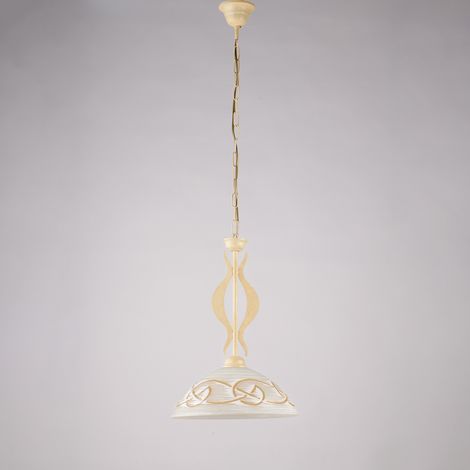 Lustre Bilbao Fer Ivoire, Effet Décapé, Verre D.30 Blanc Et Ambre, 1 Lumière D.30 Cm, Style Rustique Élégant