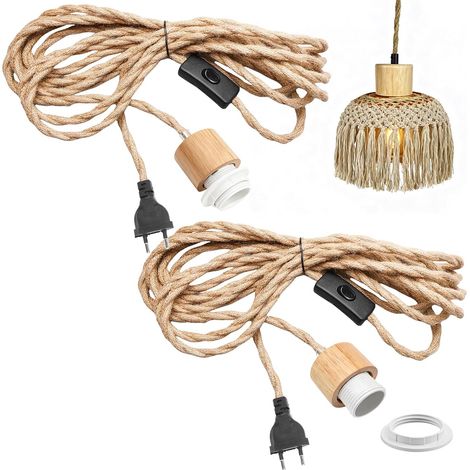 Lot de 2 suspensions vintage en corde de chanvre avec prise, culot E27 avec câble, rallonge de câble en corde de chanvre de 450 cm, câble de lampe de style industriel avec interrupteur, lampe (1/5)