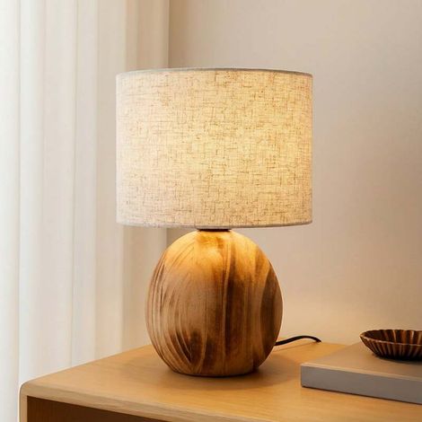 [NEUWERTIG] B-Ware Lindby Tischleuchte Mayumi LED Lampe Leuchte Holz Textil E27 31cm hellgrau (1/2)