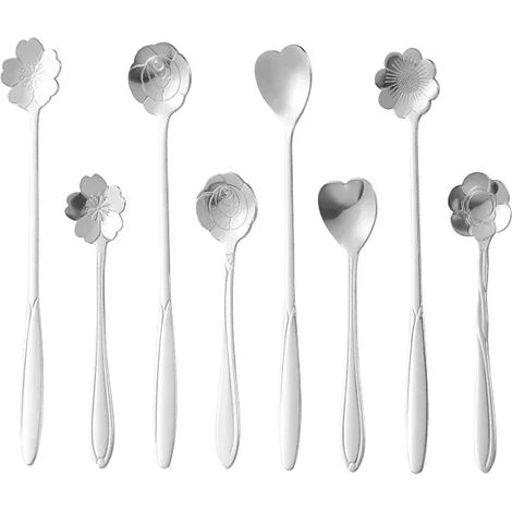 (Or, 8 pièces) Cuillères à dessert en acier inoxydable en forme de fleur à long manche, adaptées au café, aux gâteaux, etc., ustensiles de cuisine.