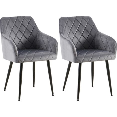 Lot de 2 chaises de salle à manger en velours gris foncé avec coutures décoratives en losange pieds noir chic et contemporain 100007576