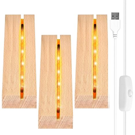 Socle LED, Lot de 3 bases d'affichage pour lumières LED, Socle d'éclairage LED de bureau, Base d'affichage avec interrupteur USB, Support d'affichage rectangulaire pour panneau d'éclairage en (1/5)