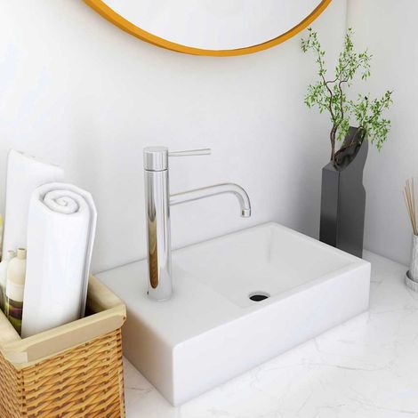 Lavabo salle de bain en SMC blanc 40 x 22 cm – Vasque à poser ou à encastrer avec trou robinet 35 mm et vidange 45 mm (1/5)
